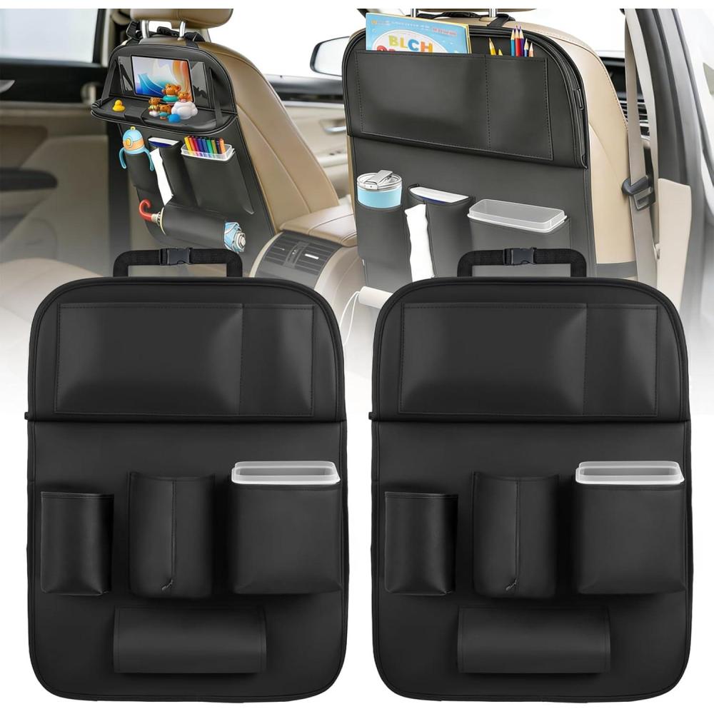 image:imageNilight Car Seatback Organizer 2PCS with Foldable Tray Tablet Holder PU Leather Multifunctional Storage Bag Kick Mat Tissue Box Removable Bucket Waterproof Universal for Car Van SUV MPV Pickup Truck