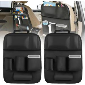 Nilight Car Seatback Organizer 2PCS with Foldable Tray Tablet Holder PU Leather Multifunctional Storage Bag Kick Mat Tissue Box Removable Bucket Waterproof Universal for Car Van SUV MPV Pickup Truck