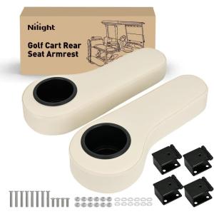 Nilight Golf Cart Armrest Beige 2PCS Flip Stand Fits 1 inch Square No Drilling with Detachable Cup Holder Iron Bracket PU Leather Wooden Baseboard for EZGO Club Car Yamaha Rear Seat