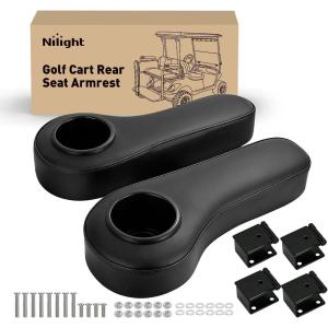 Nilight Golf Cart Armrest Black 2PCS Flip Stand Fits 1 inch Square No Drilling with Detachable Cup Holder Iron Bracket PU Leather Wooden Baseboard for EZGO Club Car Yamaha Rear Seat