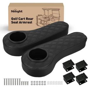 Nilight Golf Cart Armrest Black Diamond 2PCS Flip Stand Fits 1 inch Square No Drilling with Detachable Cup Holder Iron Bracket PU Leather Wooden Baseboard for EZGO Club Car Yamaha Rear Seat