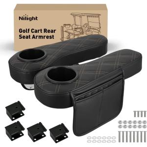 Nilight Golf Cart Armrest Black Diamond 2PCS Flip Stand Fits 1 inch Square No Drilling with Storage Bag Detachable Cup Holder Iron Bracket PU Leather Wooden Base for EZGO Club Car Yamaha Rear Seat