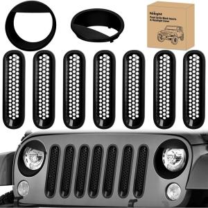 Nilight Grill Inserts fit for Jeep Wrangler Front Grille Mesh Inserts & Headlight Cover Set for JK JKU Unlimited Sports Sahara Freedom Rubicon 2007-2018 Clip-in Trim Exterior Accessories Black 9 Pcs