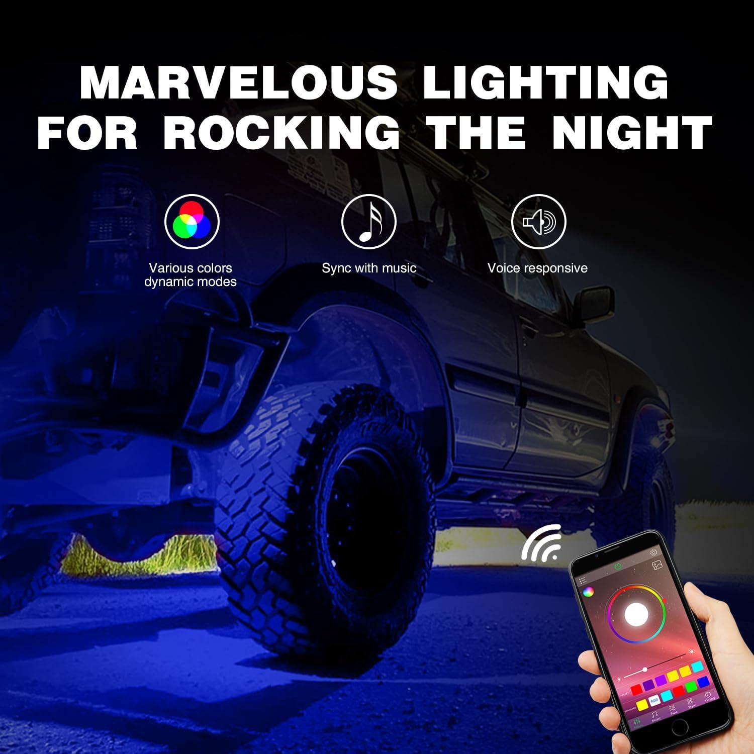 image:imageNilight RGB LED Rock Lights Kit 8 PCS Underglow Multicolor Neon Light Pod with Magnetic Base Bluetooth App Control Flashing Music Mode IP68 Wheel Well Light for Truck ATV UTV RZR SUVRGB 3LED
