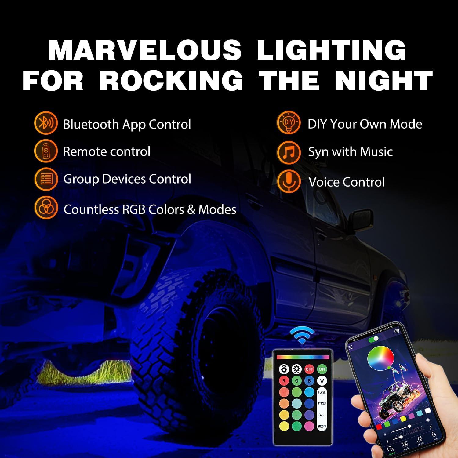 image:imageNilight RGB LED Rock Lights Kit 8 PCS Underglow Multicolor Neon Light Pod with Magnetic Base Bluetooth App Control Flashing Music Mode IP68 Wheel Well Light for Truck ATV UTV RZR SUVRGB 3LED