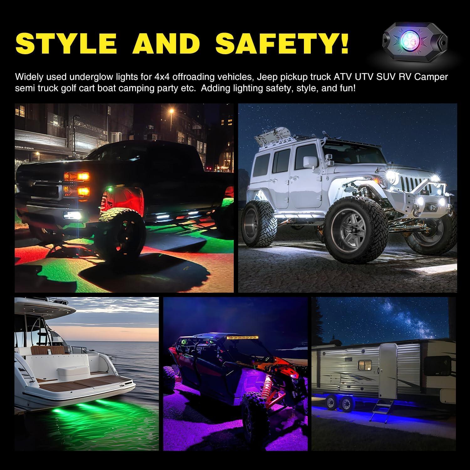 image:imageNilight RGB LED Rock Lights Kit 8 PCS Underglow Multicolor Neon Light Pod with Magnetic Base Bluetooth App Control Flashing Music Mode IP68 Wheel Well Light for Truck ATV UTV RZR SUVRGB 3LED
