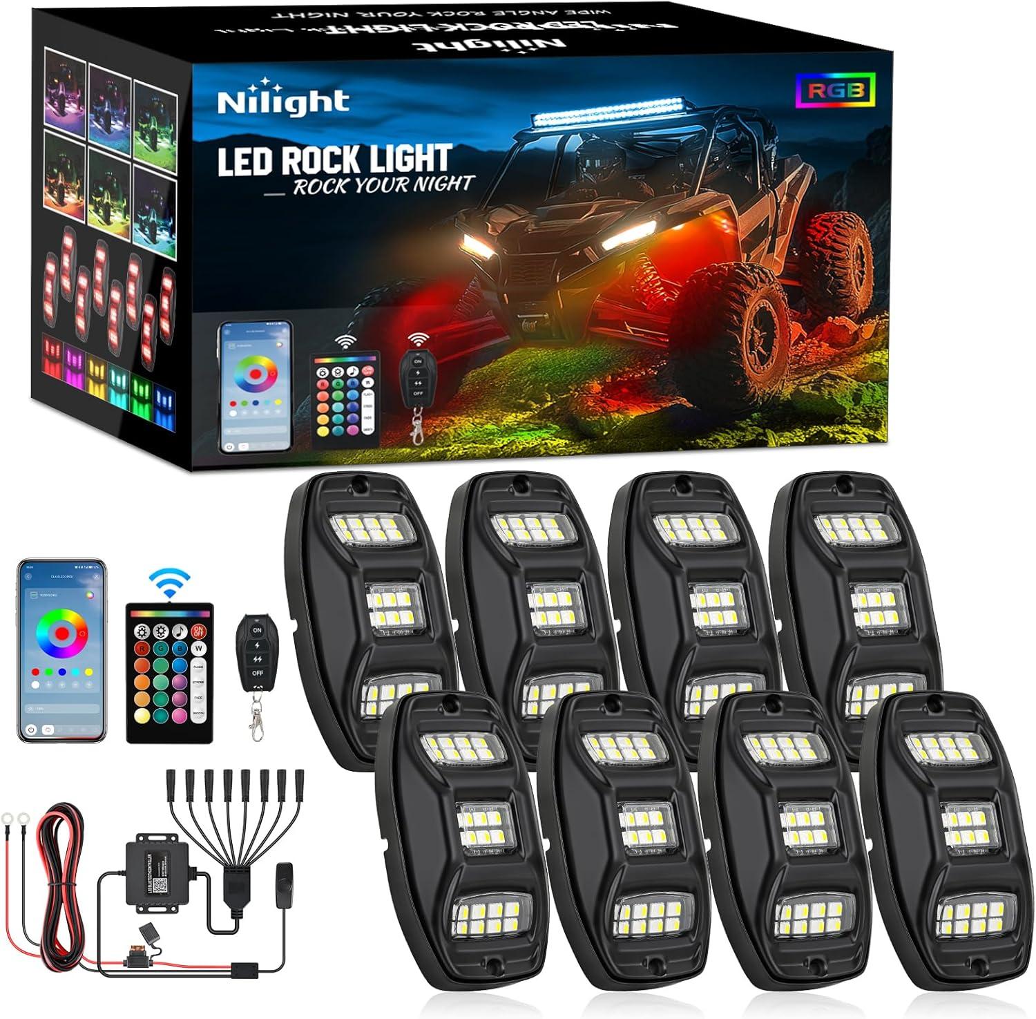 image:imageNilight RGB LED Rock Lights Kit 8 PCS Underglow Multicolor Neon Light Pod with Magnetic Base Bluetooth App Control Flashing Music Mode IP68 Wheel Well Light for Truck ATV UTV RZR SUVRGBW 22LED