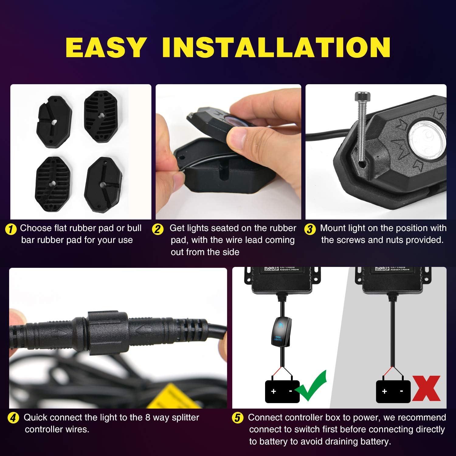 image:imageNilight RGB LED Rock Lights Kit 8 PCS Underglow Multicolor Neon Light Pod with Magnetic Base Bluetooth App Control Flashing Music Mode IP68 Wheel Well Light for Truck ATV UTV RZR SUVRGB 3LED