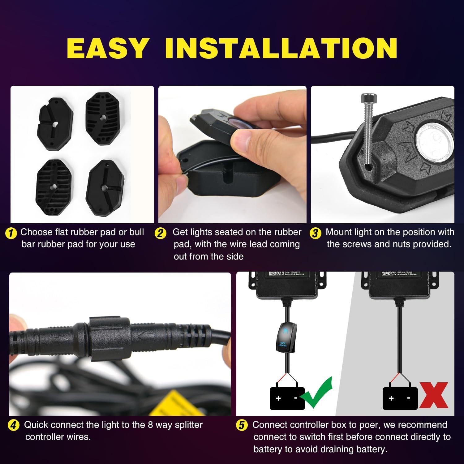 image:imageNilight RGB LED Rock Lights Kit 8 PCS Underglow Multicolor Neon Light Pod with Magnetic Base Bluetooth App Control Flashing Music Mode IP68 Wheel Well Light for Truck ATV UTV RZR SUVRGB 3LED