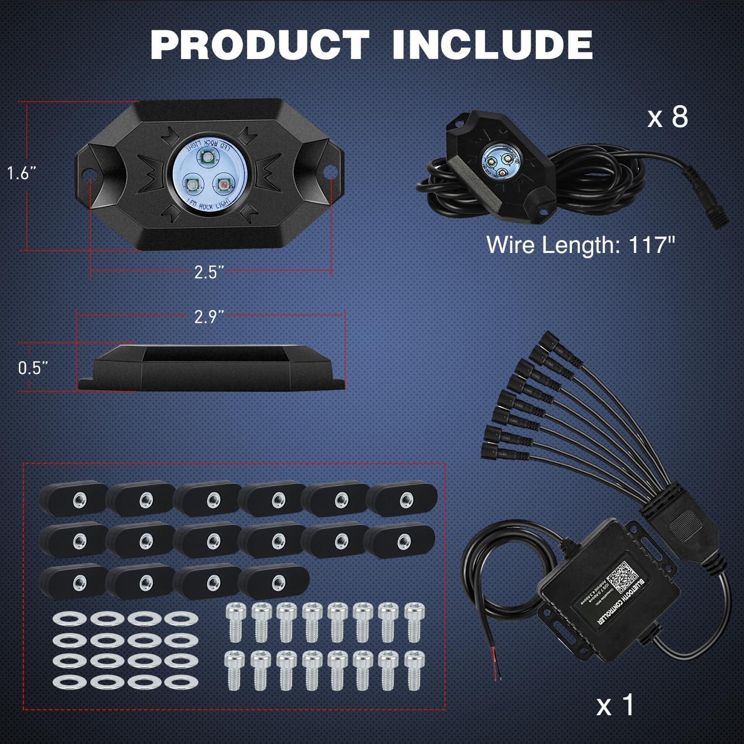 image:imageNilight RGB LED Rock Lights Kit 8 PCS Underglow Multicolor Neon Light Pod with Magnetic Base Bluetooth App Control Flashing Music Mode IP68 Wheel Well Light for Truck ATV UTV RZR SUVRGB 3LED wMagnetic base