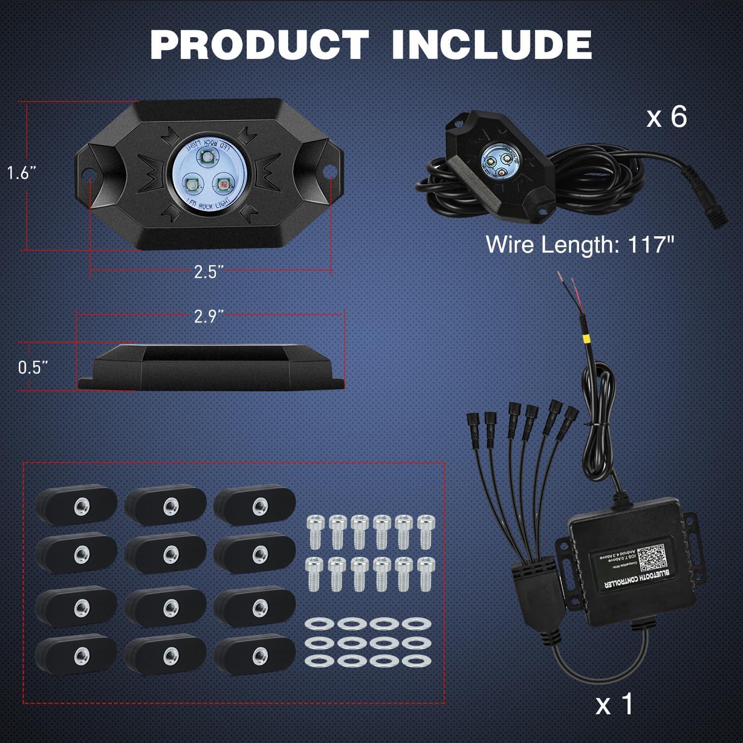 image:imageNilight RGB LED Rock Lights Kit 8 PCS Underglow Multicolor Neon Light Pod with Magnetic Base Bluetooth App Control Flashing Music Mode IP68 Wheel Well Light for Truck ATV UTV RZR SUVRGB 3LED wMagnetic base