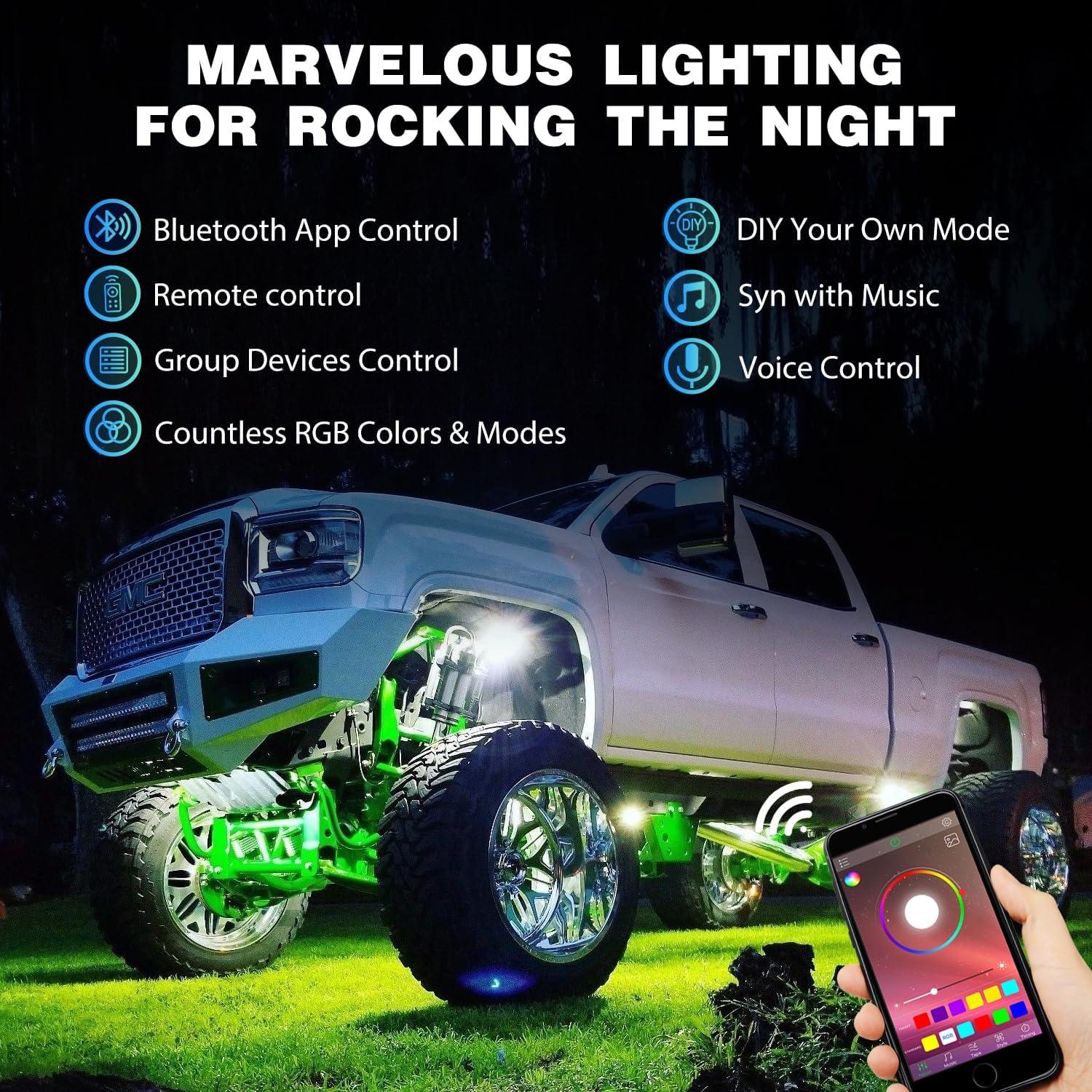 image:imageNilight RGB LED Rock Lights Kit 8 PCS Underglow Multicolor Neon Light Pod with Magnetic Base Bluetooth App Control Flashing Music Mode IP68 Wheel Well Light for Truck ATV UTV RZR SUVRGB 3LED wMagnetic base