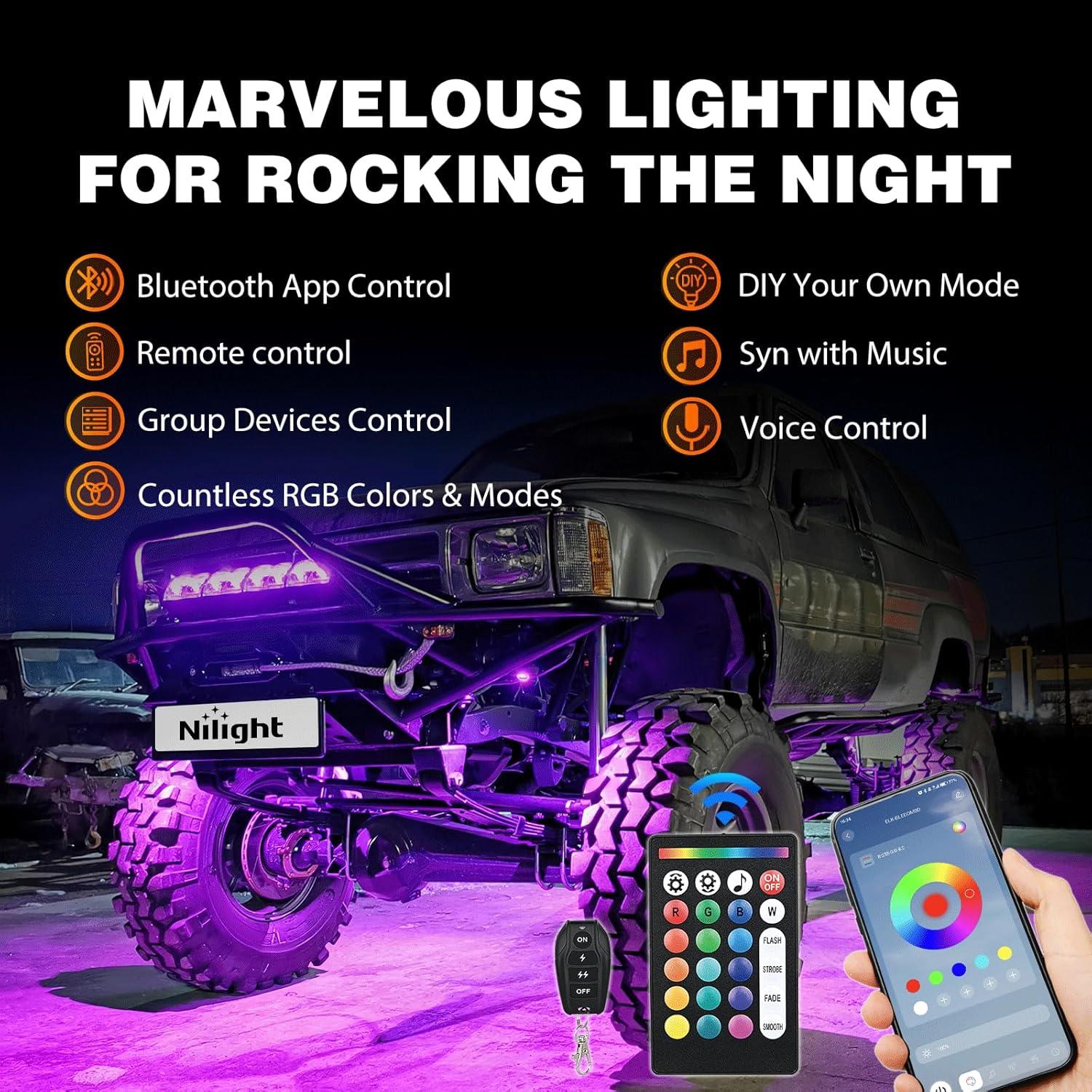 image:imageNilight RGB LED Rock Lights Kit 8 PCS Underglow Multicolor Neon Light Pod with Magnetic Base Bluetooth App Control Flashing Music Mode IP68 Wheel Well Light for Truck ATV UTV RZR SUVRGB 18LED