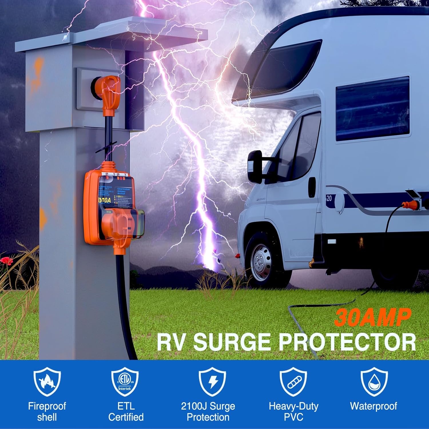 image:imageNilight 30 Amp RV Surge Protector 12000 Joules Circuit Analyzer with LED RealTime Display Voltage Monitor 30Amp Power Protectors IP66 Waterproof Cover for RVs Camper Travel Trailer30A