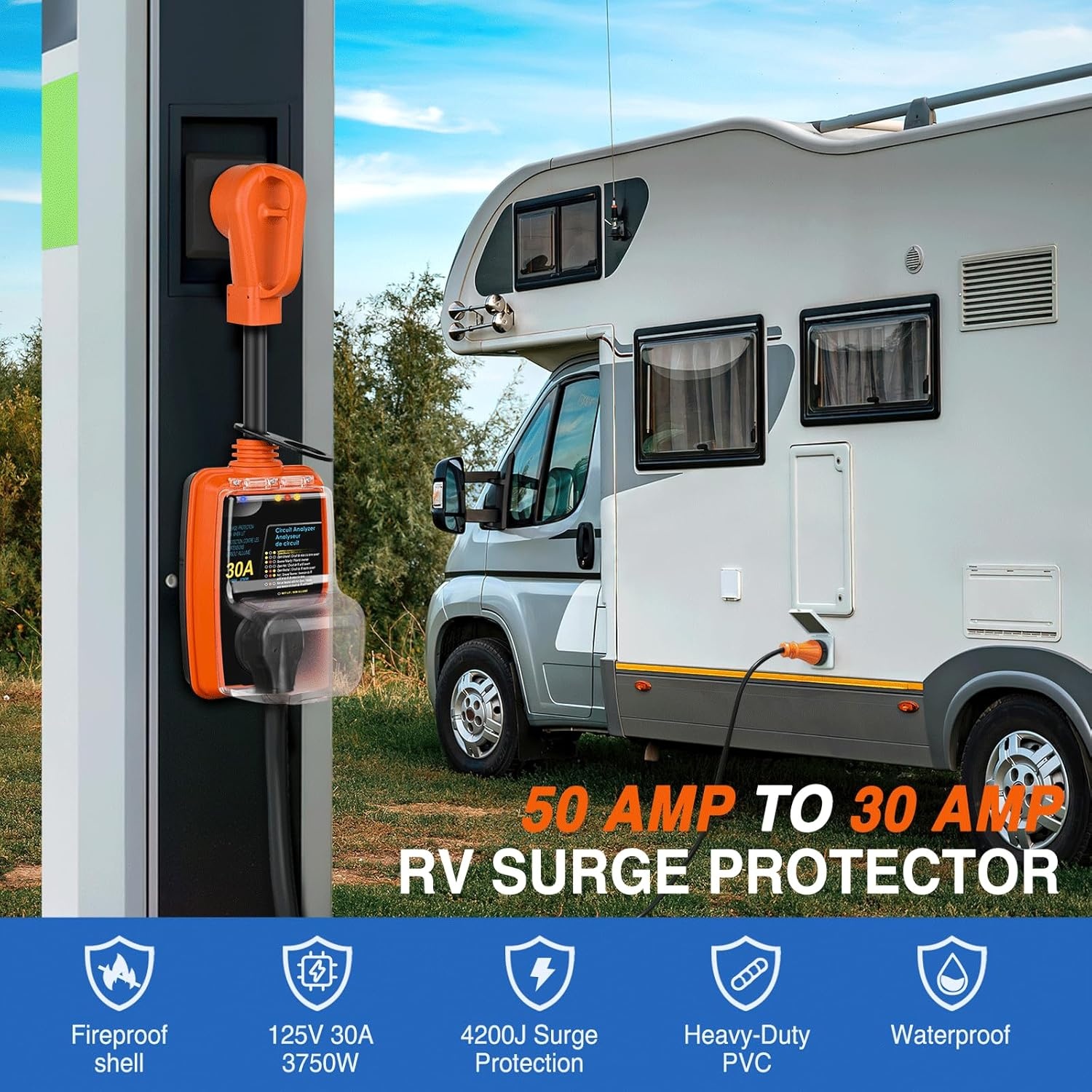 image:imageNilight 30 Amp RV Surge Protector 12000 Joules Circuit Analyzer with LED RealTime Display Voltage Monitor 30Amp Power Protectors IP66 Waterproof Cover for RVs Camper Travel Trailer50A to 30A