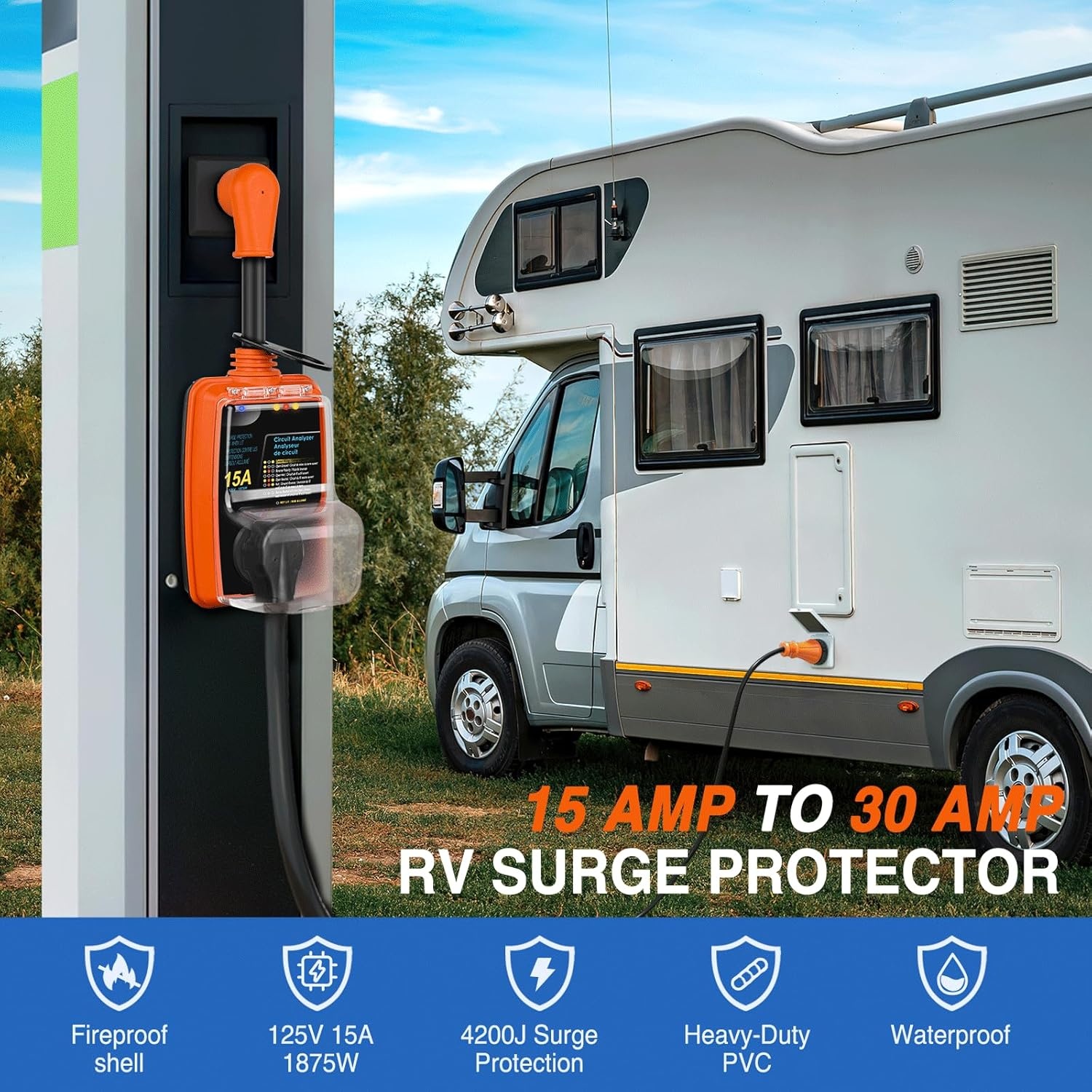 image:imageNilight 30 Amp RV Surge Protector 12000 Joules Circuit Analyzer with LED RealTime Display Voltage Monitor 30Amp Power Protectors IP66 Waterproof Cover for RVs Camper Travel Trailer15A to 30A