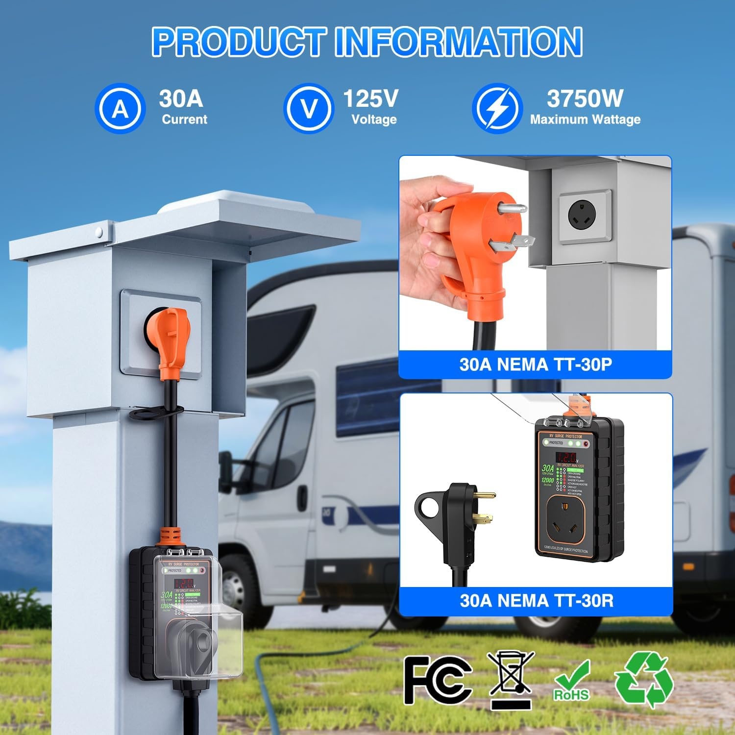 image:imageNilight 30 Amp RV Surge Protector 12000 Joules Circuit Analyzer with LED RealTime Display Voltage Monitor 30Amp Power Protectors IP66 Waterproof Cover for RVs Camper Travel Trailer30A wFull LED VAWKWH
