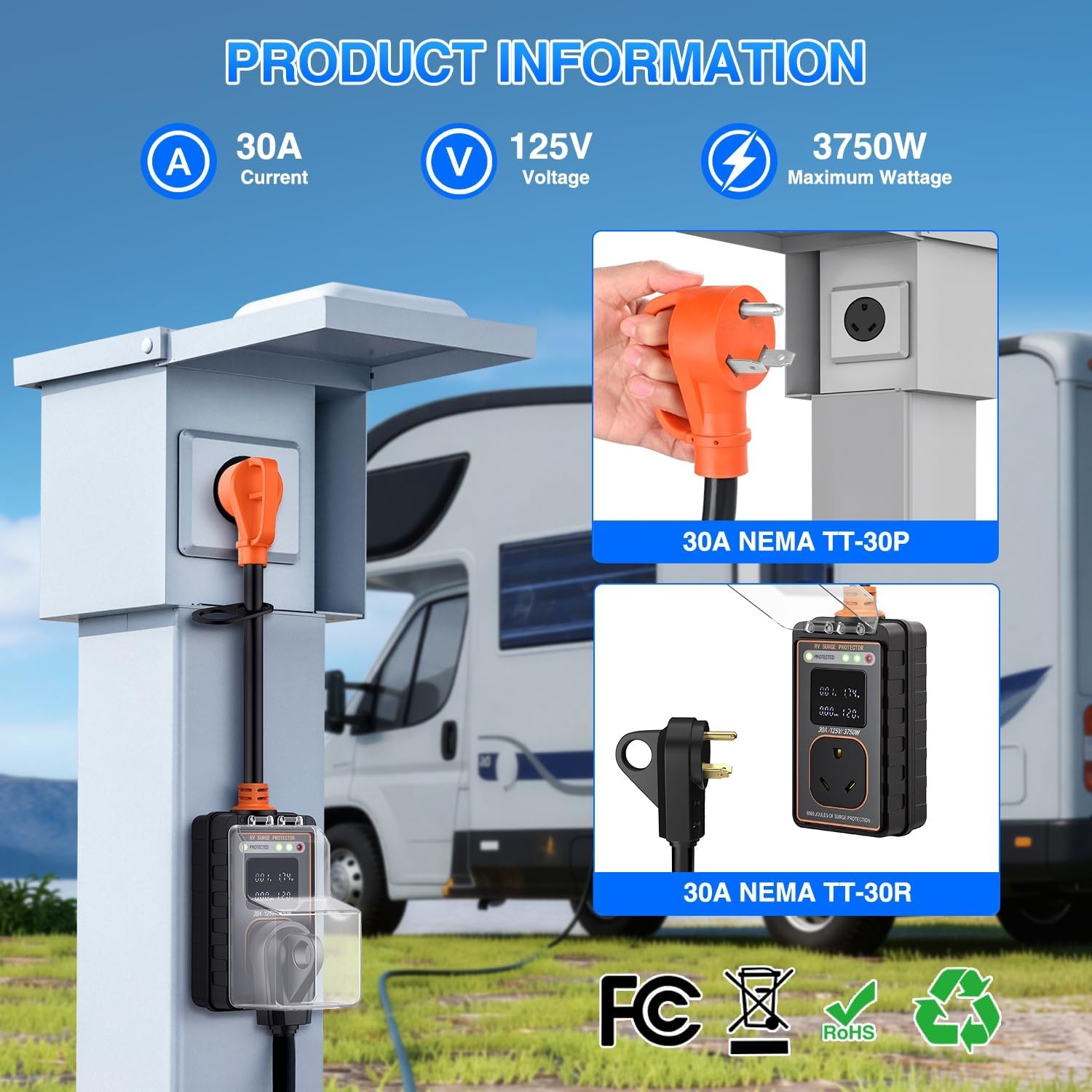 image:imageNilight 30 Amp RV Surge Protector 12000 Joules Circuit Analyzer with LED RealTime Display Voltage Monitor 30Amp Power Protectors IP66 Waterproof Cover for RVs Camper Travel Trailer30A wVoltage Display