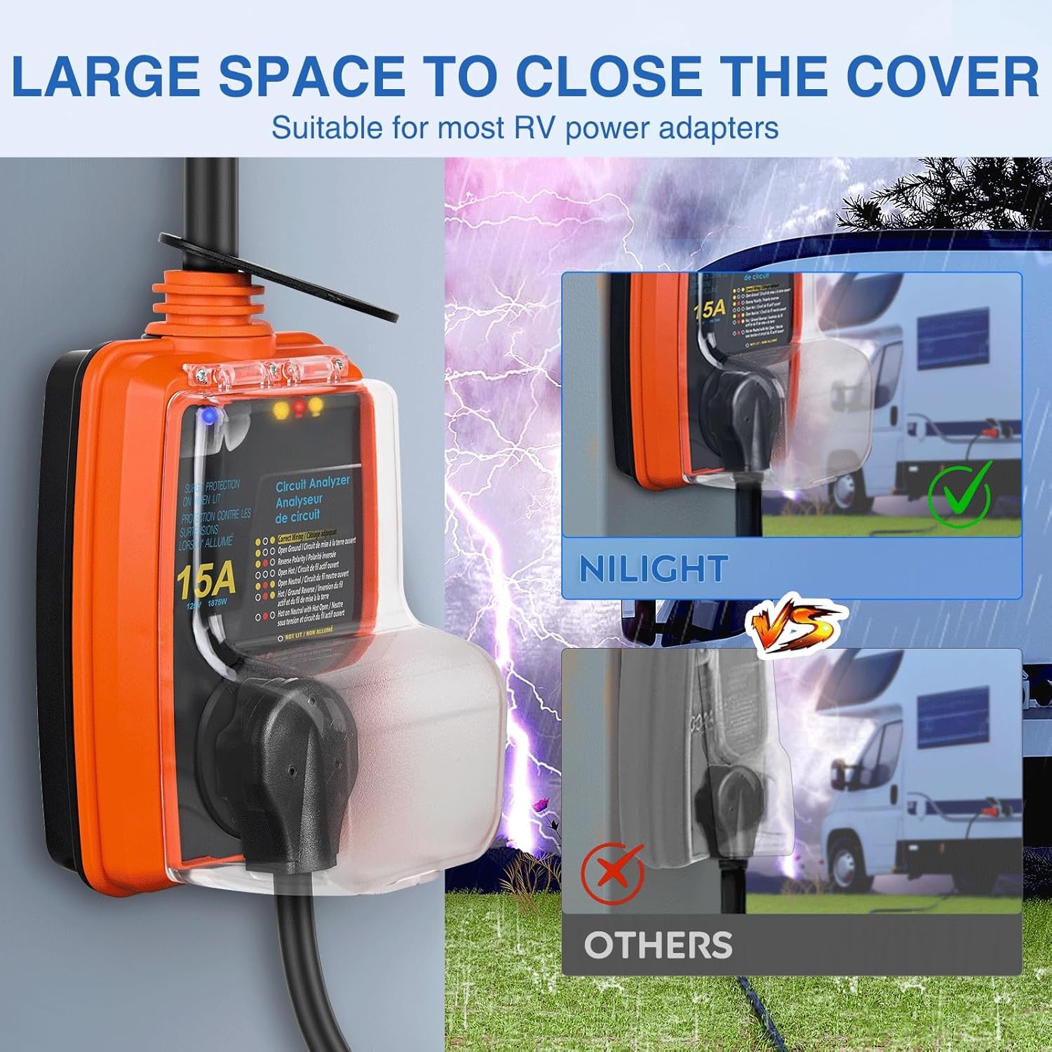 image:imageNilight 30 Amp RV Surge Protector 12000 Joules Circuit Analyzer with LED RealTime Display Voltage Monitor 30Amp Power Protectors IP66 Waterproof Cover for RVs Camper Travel Trailer15A to 30A