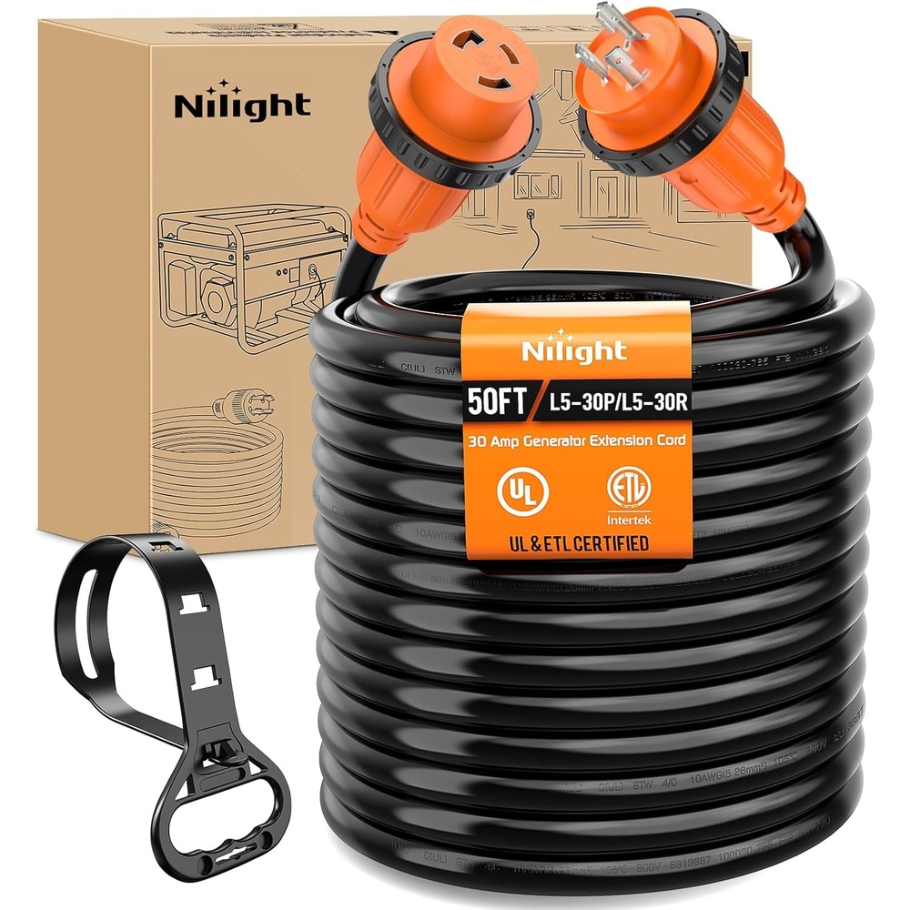 image:imageNilight 30 Amp 50FT Generator Extension Cord 3 Prong Shore Power Cords with Locking Waterproof NEMA L530P L530R Cable Heavy Duty 10AWG ETL Listed for RV Marine Boat Generators Outdoor Use