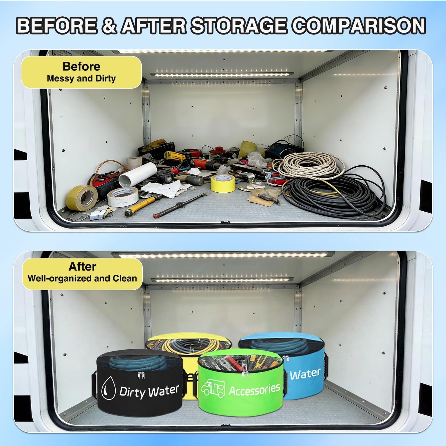 image:imageNilight 3 Pack RV Hose Storage Bag Waterproof Utility Bag with Visible Cover amp Dual Zipper Closure RV Storage and Organization for Sewer Fresh Water Hoses Electrical Cords Camper Tools Accessories4 PCS BlueBlackYellowGreen