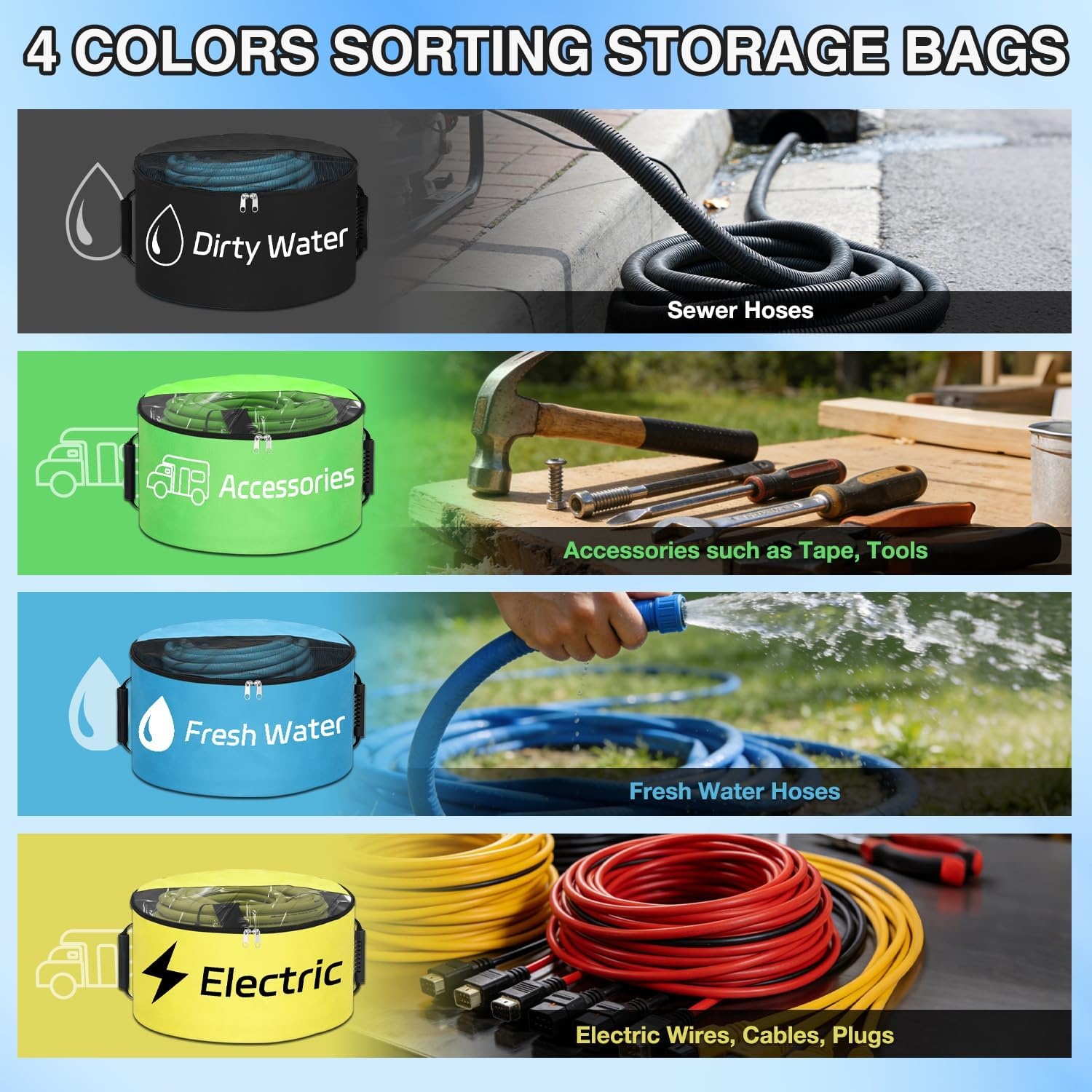 image:imageNilight 3 Pack RV Hose Storage Bag Waterproof Utility Bag with Visible Cover amp Dual Zipper Closure RV Storage and Organization for Sewer Fresh Water Hoses Electrical Cords Camper Tools Accessories4 PCS BlueBlackYellowGreen