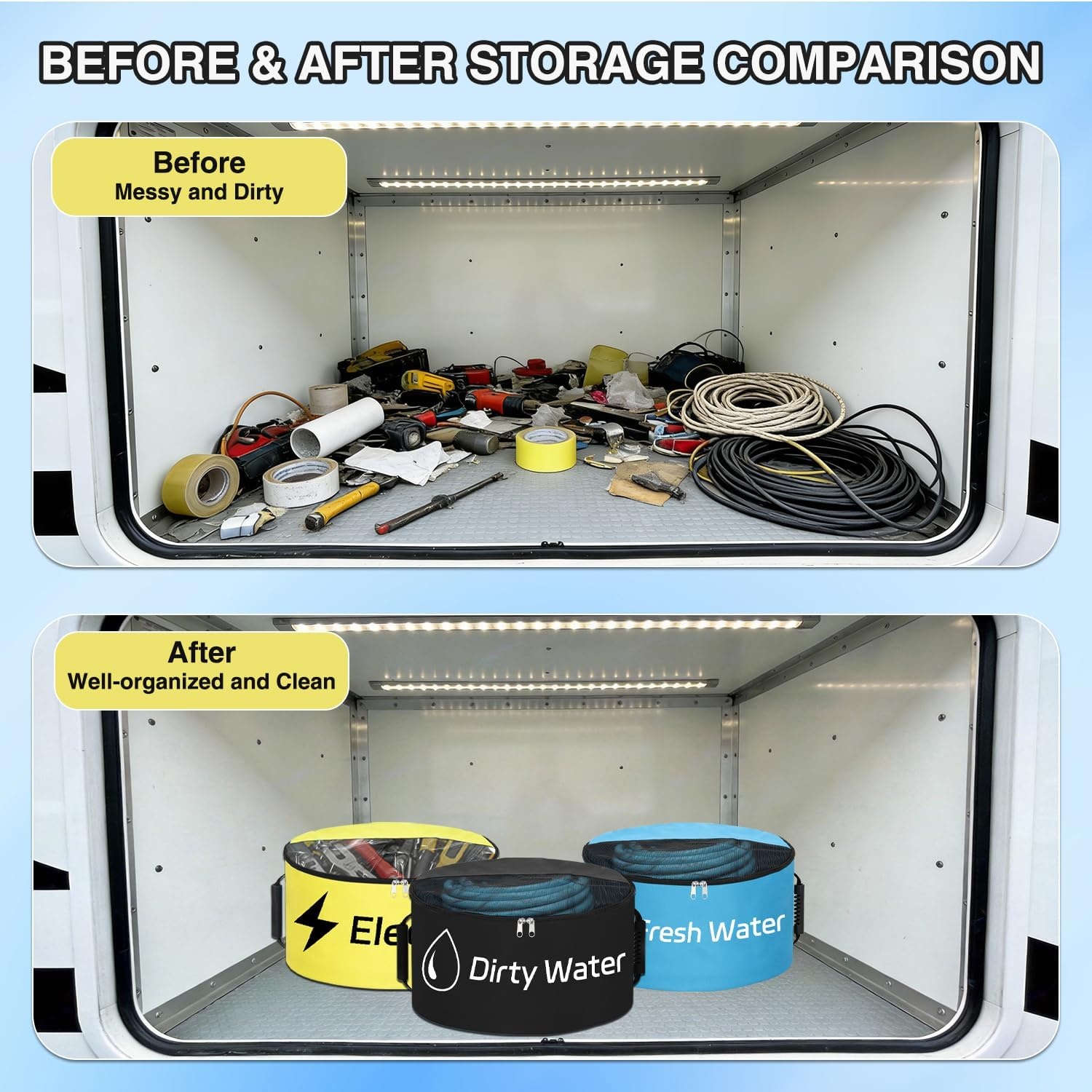 image:imageNilight 3 Pack RV Hose Storage Bag Waterproof Utility Bag with Visible Cover amp Dual Zipper Closure RV Storage and Organization for Sewer Fresh Water Hoses Electrical Cords Camper Tools Accessories3 PCS BlueBlackYellow
