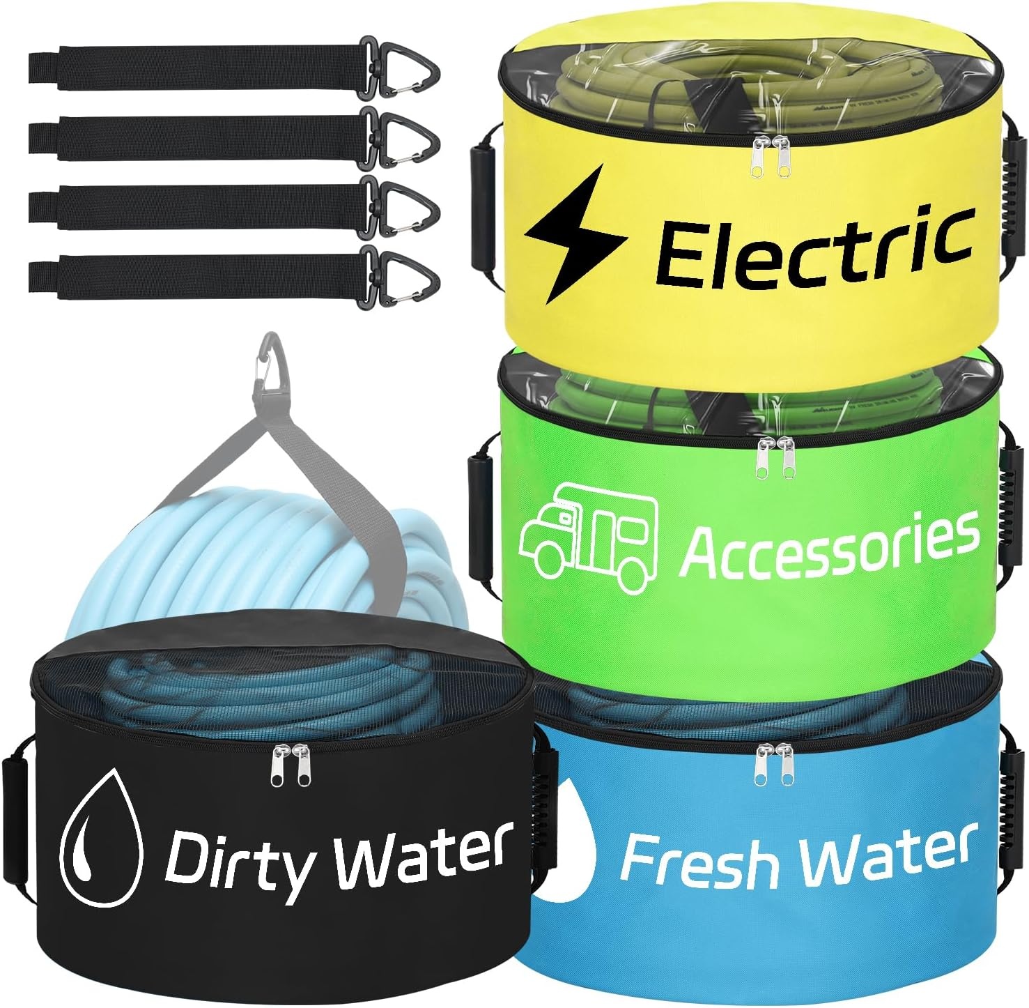 image:imageNilight 3 Pack RV Hose Storage Bag Waterproof Utility Bag with Visible Cover amp Dual Zipper Closure RV Storage and Organization for Sewer Fresh Water Hoses Electrical Cords Camper Tools Accessories4 PCS BlueBlackYellowGreen