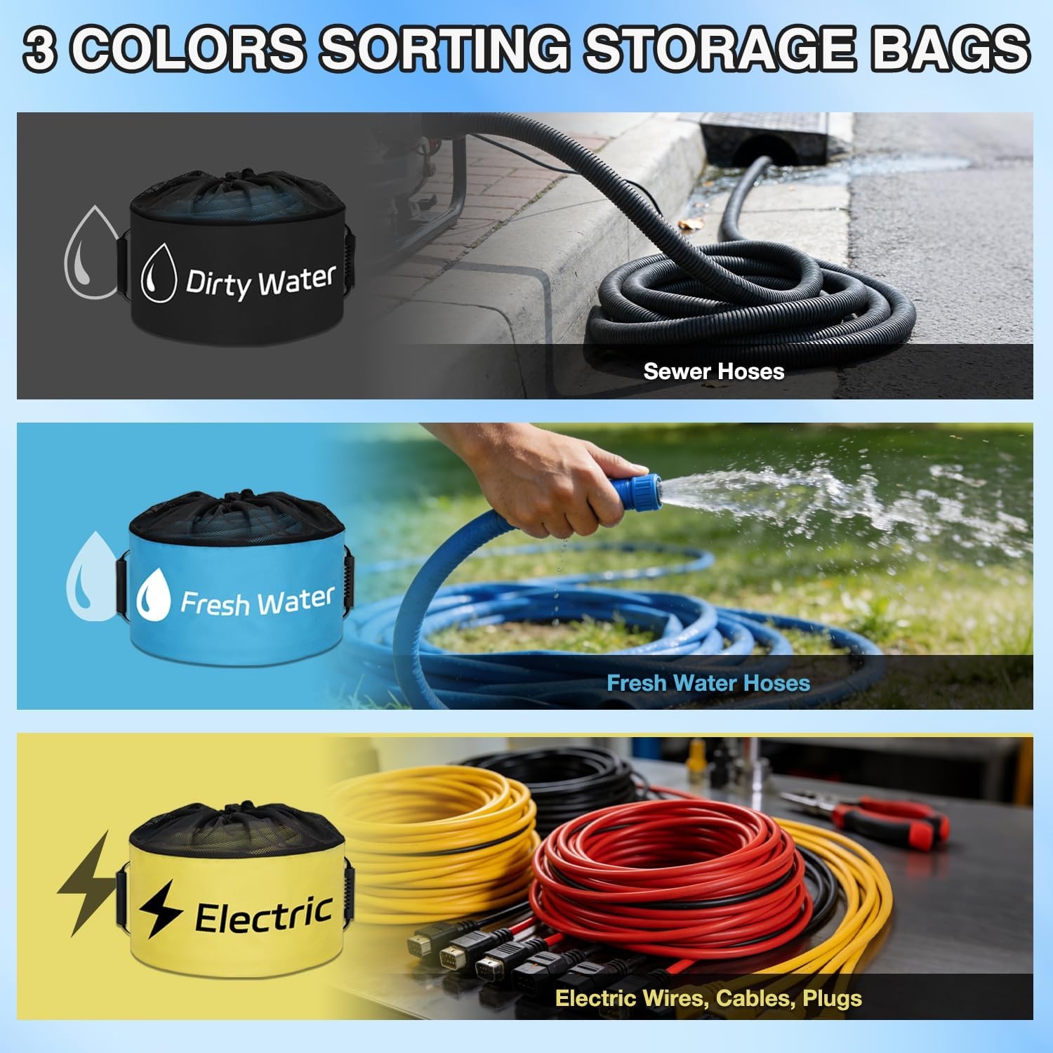 image:imageNilight 3 Pack RV Hose Storage Bag Waterproof Utility Bag with Visible Cover amp Dual Zipper Closure RV Storage and Organization for Sewer Fresh Water Hoses Electrical Cords Camper Tools Accessories3 PCS BlueBlackYellow