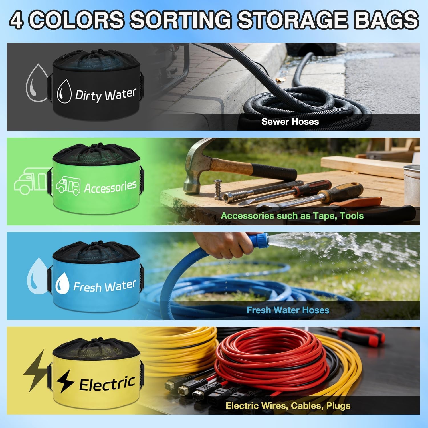 image:imageNilight 3 Pack RV Hose Storage Bag Waterproof Utility Bag with Visible Cover amp Dual Zipper Closure RV Storage and Organization for Sewer Fresh Water Hoses Electrical Cords Camper Tools Accessories4 PCS BlueBlackYellowGreen